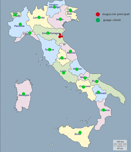 Immagine dell'Italia con la posizione di ital-stampa e dei suoi clienti in italia